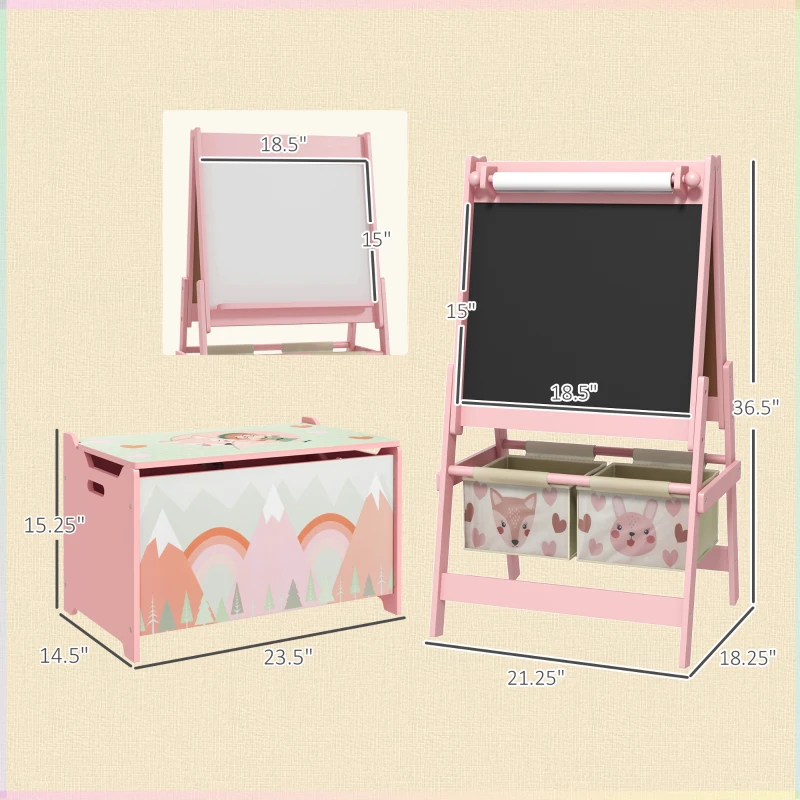 Qaba Toy Box with Lid and Kids Easel with Paper Roll, Blackboard, Whiteboard, Cute Fox Design, for Ages 3-8 Years, Pink