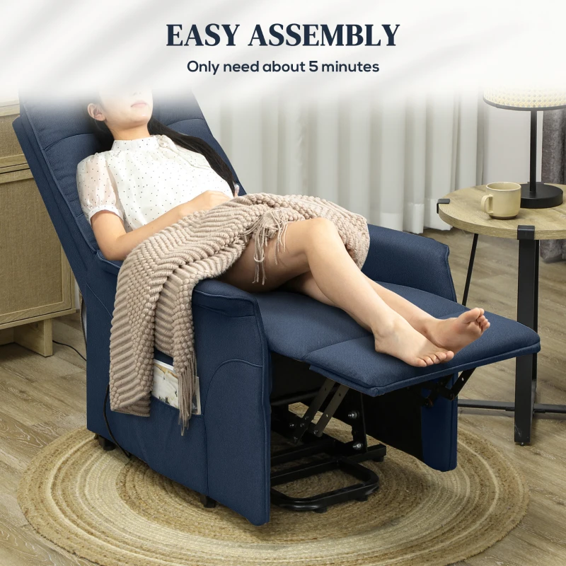 HOMCOM Power Lift Chair for Elderly, Fabric Recliner Sofa with Remote Control, Side Pockets, Quick Assembly, Deep Blue