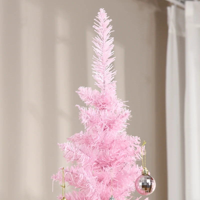 HOMCOM 7ft Unlit Pencil Artificial Christmas Tree with Realistic Branches and 499 Tips, Plastic Base, Pink