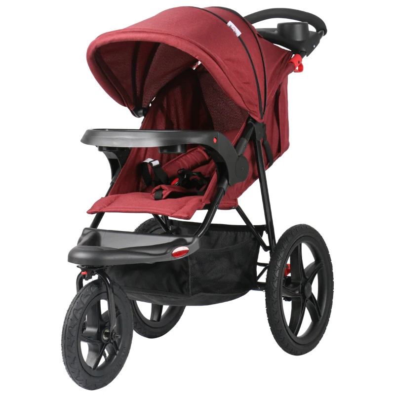 Qaba Baby Stroller Foldable Carriage for Toddler with Adjustable Backrest and Canopy Suspension System Rubber Tire 5-Point Harness Cup Holder Storage Basket Red