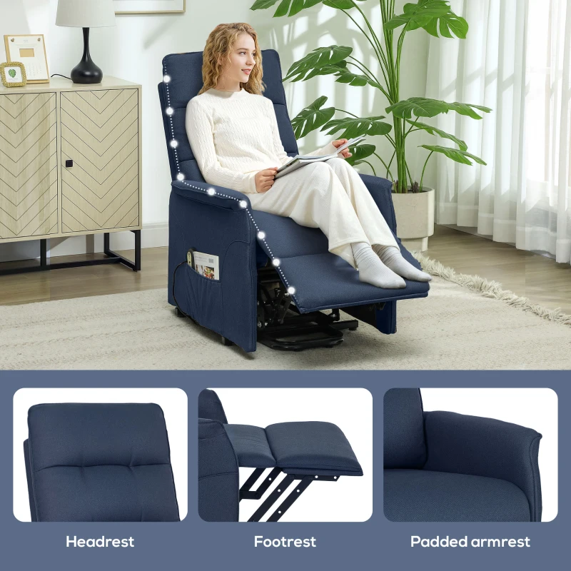 HOMCOM Power Lift Chair for Elderly, Fabric Recliner Sofa with Remote Control, Side Pockets, Quick Assembly, Deep Blue