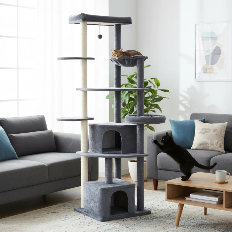 PawHut 79" Extra Tall Cat Tree with Scratching Posts, Perches, Caves, Hammock, Pompoms, for 2-3 Indoor Cats, Dark Grey