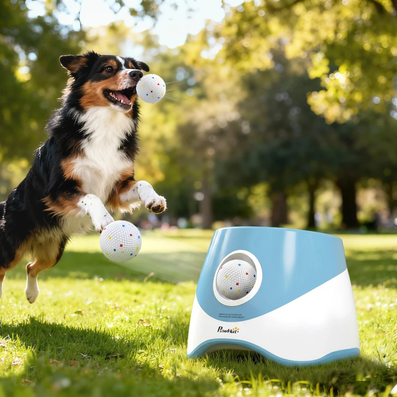 PawHut Automatic Dog Ball Launcher with 5 ETPU Balls 2.3", 3 Distance Settings 20ft, 33ft, 46ft, Blue