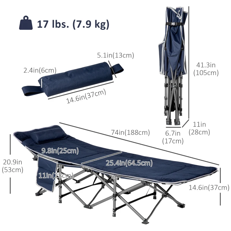 Outsunny Folding Camping Cot with Mat & Pillow, Double Layer Oxford Heavy Duty Sleeping Cot with Carry Bag Blue
