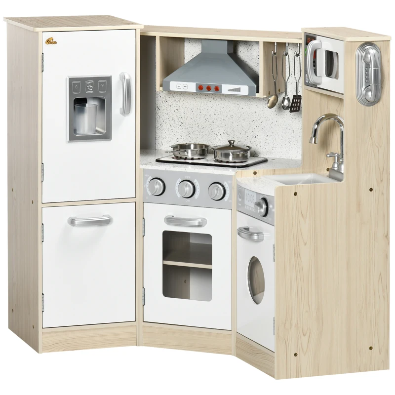 Qaba Wooden Play Kitchen with Lights Sounds, Corner Kids Kitchen Playset with Play Phone, Ice Maker, Microwave, Range Hood, Refrigerator, Utensils, For Ages 3-6 Years Old, White