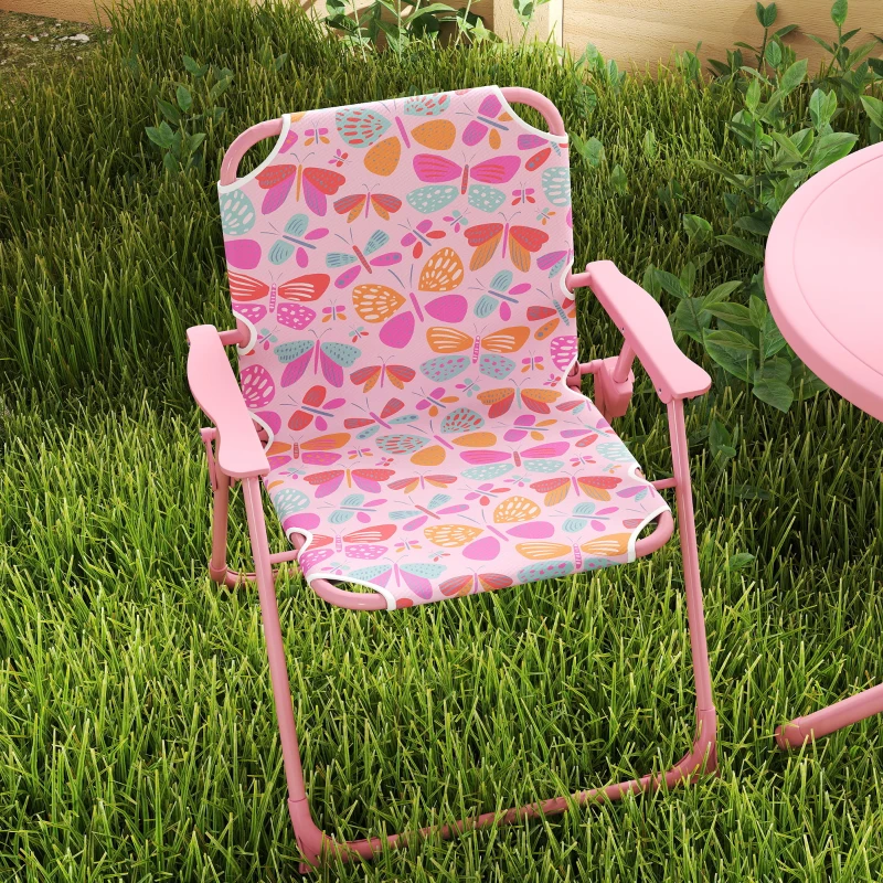 Qaba Kids Picnic Table and Chair Set, Outdoor Table with Foldable Chairs, Removable Umbrella, Pink