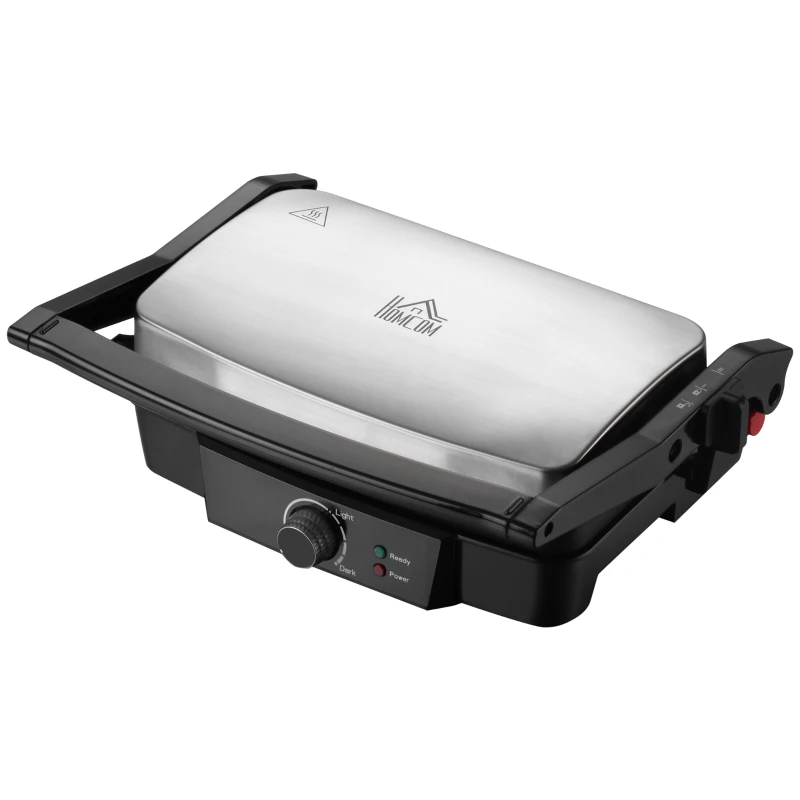 HOMCOM 4 Slice Panini Press Grill, Stainless Steel Sandwich Maker with Non-Stick Double Plates, Locking Lids and Drip Tray, Opens 180 Degrees to Fit Any Type or Size of Food 13"x10.25"x4.75"