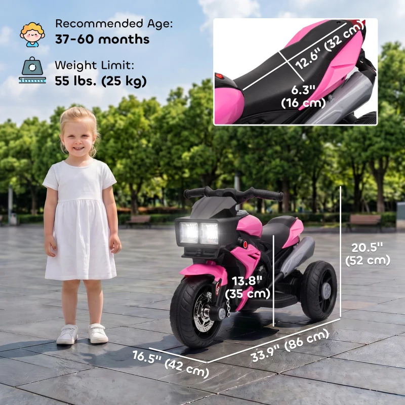 Aosom Kids Electric Pedal Motorcycle Ride-On Toy 6V Battery Powered w/ Music Horn Headlights Motorbike for 37–60 M Pink