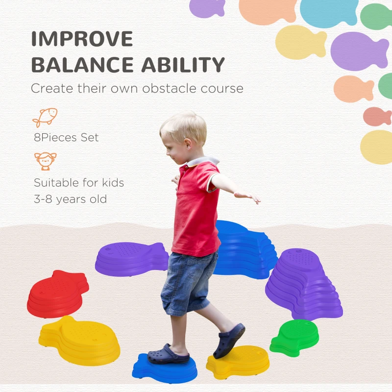 Outsunny 8pcs Balance Stepping Stones for Kids, Fish Style Non-slip Obstacle Course, Larger Size Stackable Balance Blocks Indoor Outdoor