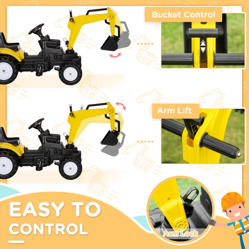 Aosom Ride on Tractor for Kids, Pedal Excavator Ride on Toy with Controllable Front Bucket for 3 Years Old, Yellow