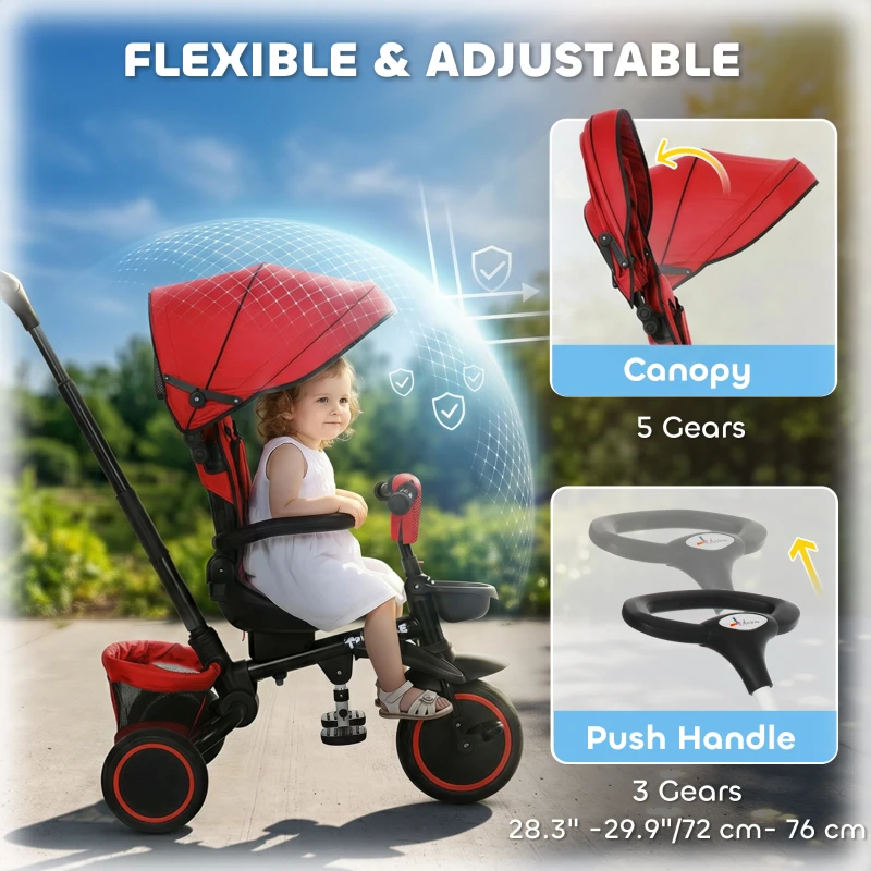 Aosom Tricycle for Toddler 6-in-1 Kids Trike, Foldable Converts Stroller to Baby Push Bike, Adjustable Backrest with Detachable Guardrail & Handle, Brake for 1-4 Years Old, Red