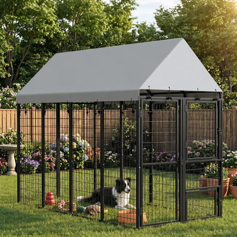 PawHut Large Dog Kennel Outdoor with Roof, 3 Doors, Expandable Heavy Duty Dog Kennel Dog Run for All Breed Sizes, 8' x 4' x 6'