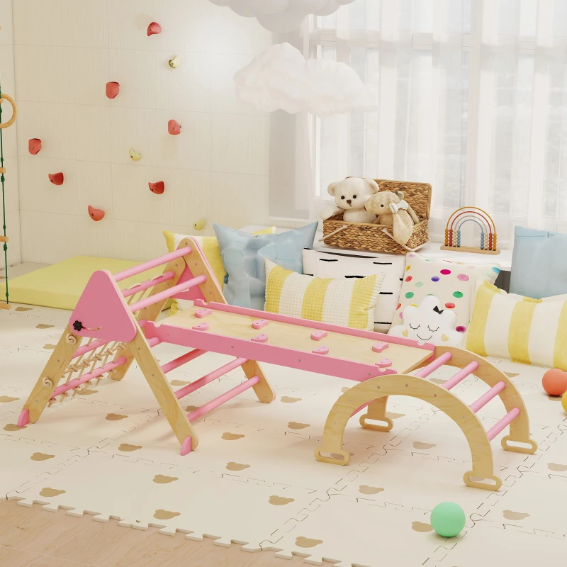 Qaba 8-in-1 Pikler Triangle Set, Foldable Wooden Climbing Toys with Arch, Ramp and Ladder for Ages 18-48 Mouths, Pink
