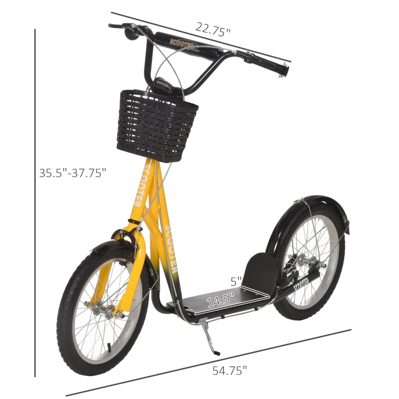 Aosom Youth Scooter, Kick Scooter with Adjustable Handlebars, Double Brakes, 16" Inflatable Rubber Tires, Basket, Cupholder, Orange