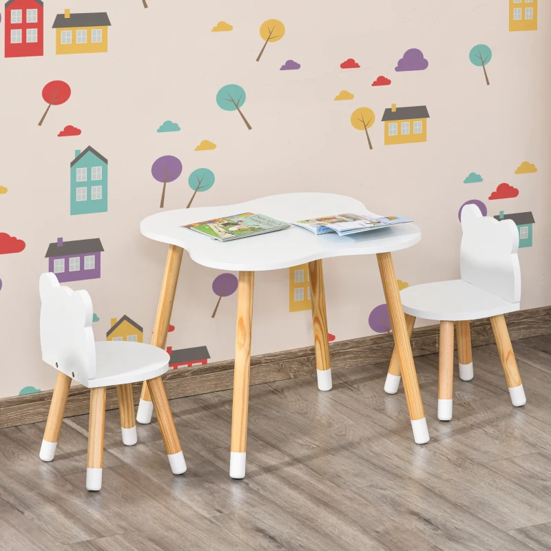 Qaba Kids Wooden Table and 2 Chairs Set, 3-Piece Dining Table with Bear Shape and Rounded Corners for 1-4 Years, White