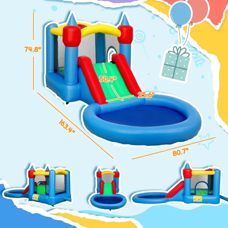 Qaba 4 in 1 Inflatable Bounce House with Slide, Basketball Hoop, Ball Pit, 370W Blower, Storage Bag, 163" x 81" x 75"