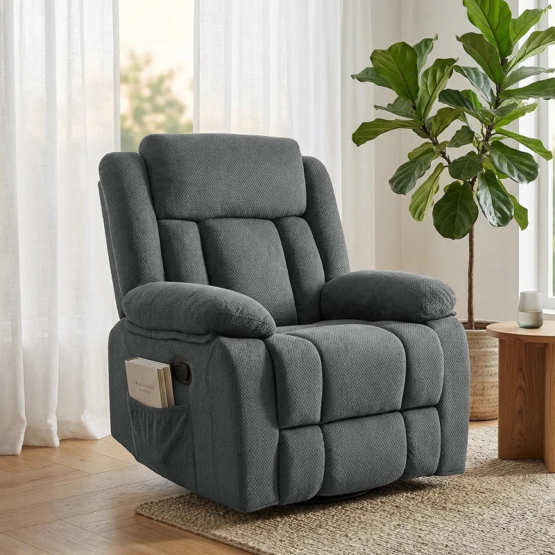 HOMCOM Recliner Massage Armchair with Heat, Oversized Swivel Rocker with Footrest, Remote and Side Pockets, Gray
