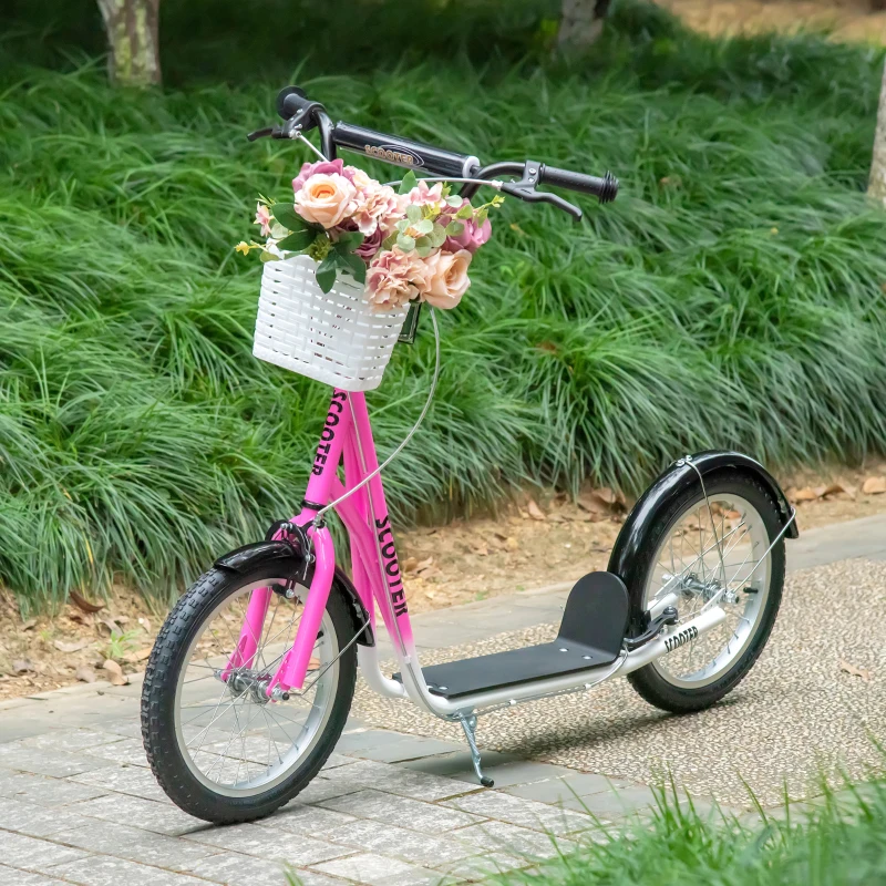 Aosom Youth Scooter, Kick Scooter with Adjustable Handlebars, Double Brakes, 16" Inflatable Rubber Tires, Basket, Cupholder, Pink