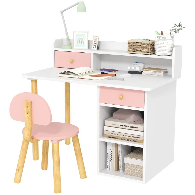 Qaba Kids Study Table and Chair Set, Kids Desk and Chair Set w/ Storage and Shelves, for 3-8 Year Old, Pink