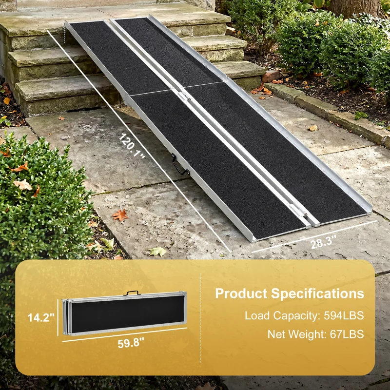 HOMCOM 10' Skidproof Portable Wheelchair Ramp for Home, Steps, Doorways, Carpeted Foldable Handicap Ramp, Threshold Ramp