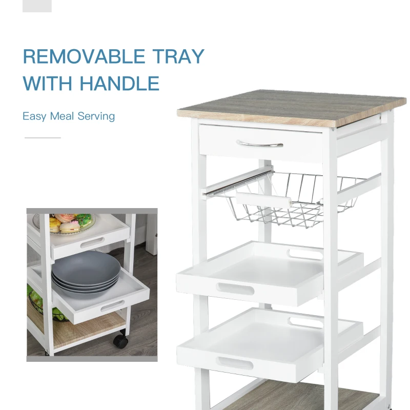 HOMCOM Mobile Kitchen Cart, Rolling Kitchen Island with Storage, Utility Cart with Wire Fruit Baskets, Trays and Drawer, White