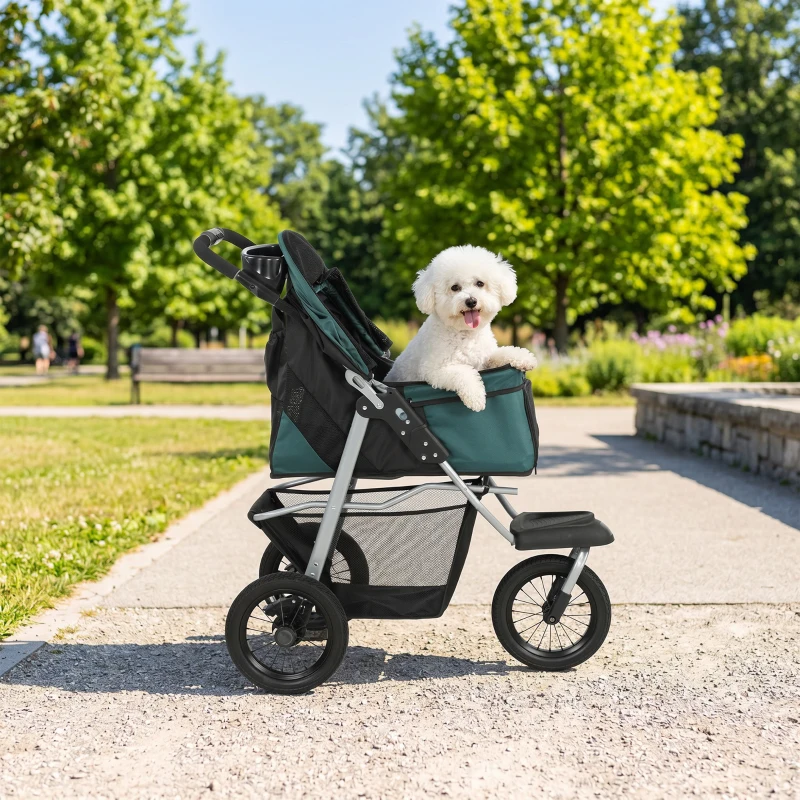 PawHut Dog Stroller, Foldable Dog Stroller with 12" Rubber Wheels for Small Dogs, Up to 22 LBS, Dark Green