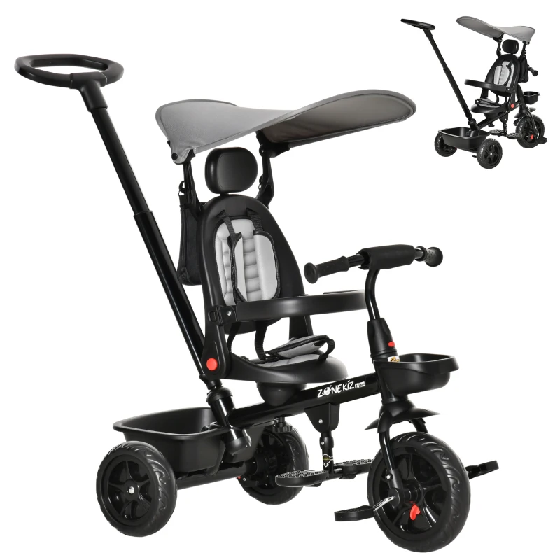 Qaba Tricycle for Toddler 5 in 1 Kids Trike, Converts Stroller to Toddler Bike, Adjustable Backrest & Flat Canopy, Detachable Guardrail & Handle for 1-5 Years Old, Grey