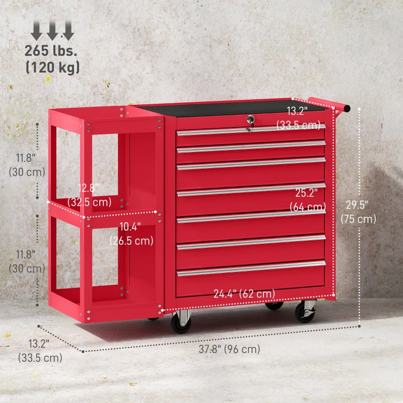 HOMCOM 7-Drawer Rolling Tool Chest with Detachable Side Shelf, Lockable Tool Cabinet Box Organizer with Wheels, Red