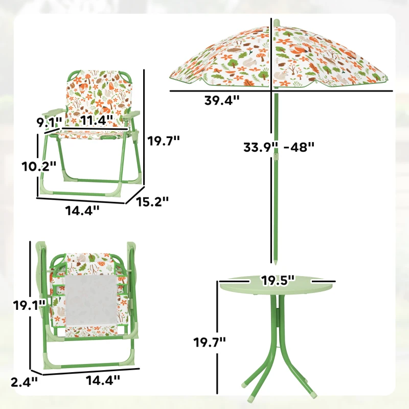 Qaba Kids Picnic Table and Chair Set, Outdoor Activity Table with Foldable Chairs, Removable Umbrella for Backyard, Green