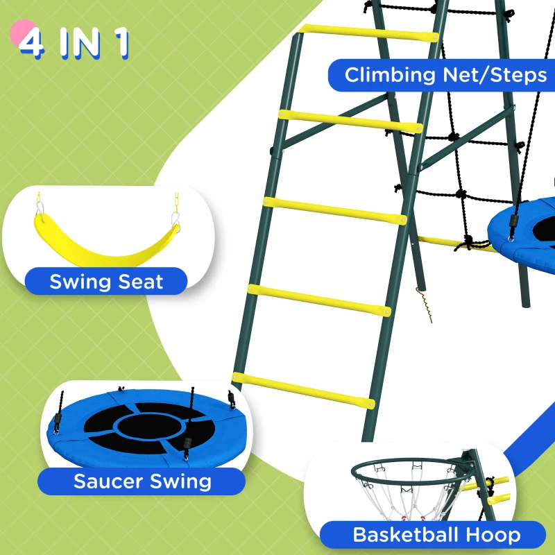 Outsunny 4 in 1 Swing Set for Kids with Saucer Swing, Seat, Climbing Ladder/Net, Basketball Hoop for 3-8 Years Old, Yellow