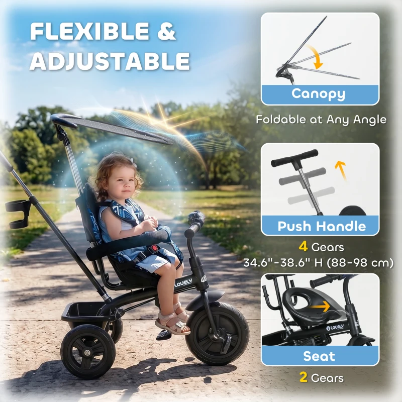 Qaba 6 in 1 Kids Tricycle with Removable Handlebar and Canopy, Navy Blue