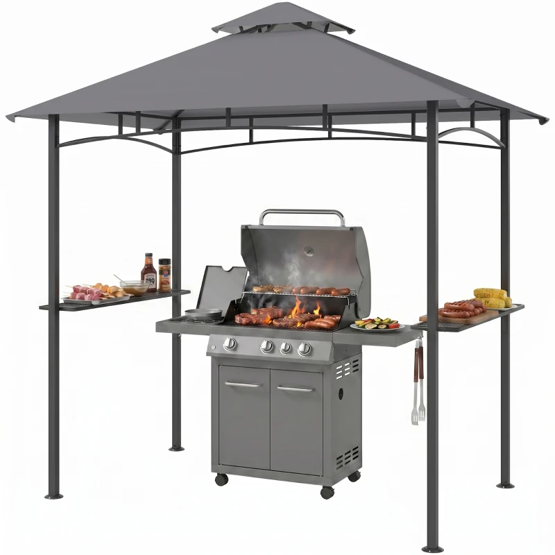 Outsunny 8' x 5' Grill Gazebo with Double Roof, Outdoor BBQ Canopy Gazebo with 2 Side Shelves for Patio Yard Garden Gray