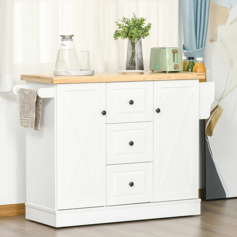 HOMCOM Rolling Kitchen Island with Storage, Kitchen Cart with Wood Top, 3 Drawers and 2 Barn Door Style Cabinet, Adjustable Shelves, Spice Rack, White
