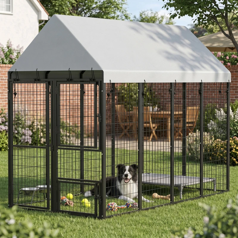 PawHut Large Dog Kennel Outdoor with Roof, 3 Doors, Expandable Heavy Duty Dog Kennel Dog Run for All Breed Sizes, 8' x 4' x 6'