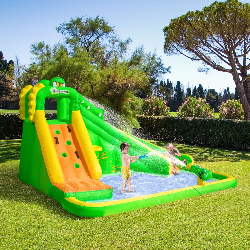 Outsunny 6 in 1 Inflatable Water Slide for Kids Backyard Water Park Castle Bounce House Extra Large Crocodile Style with Basket, Cannon, Pool, Climbing Wall, Slide and Carrybag Without Air Blower