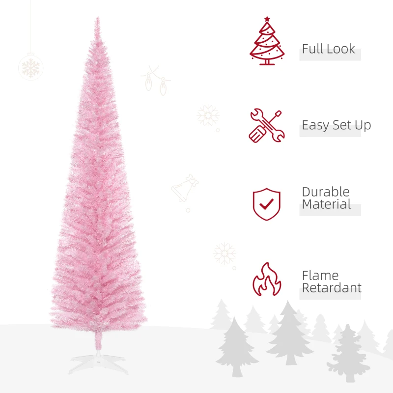HOMCOM 7ft Unlit Pencil Artificial Christmas Tree with Realistic Branches and 499 Tips, Plastic Base, Pink
