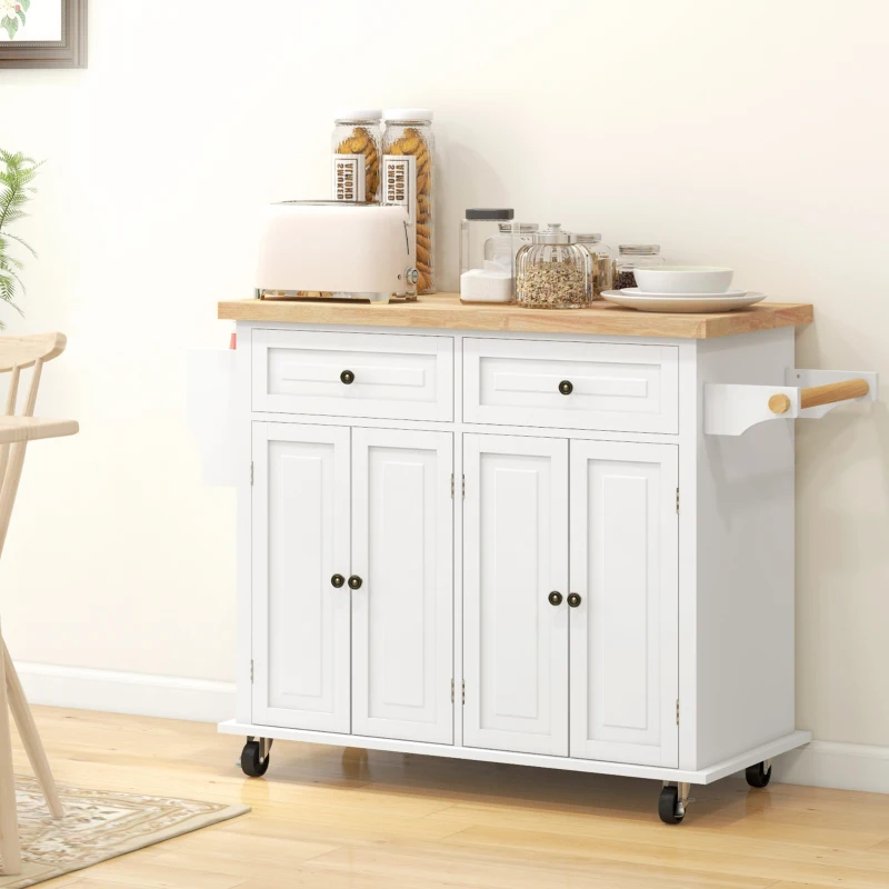 HOMCOM Kitchen Island on Wheels, Rolling Cart with Rubberwood Top, Spice Rack, Towel Rack and Drawers, Cream White