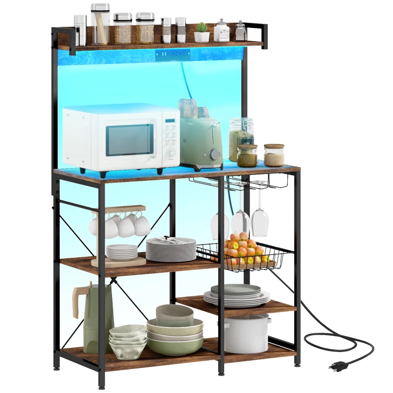 HOMCOM Industrial Kitchen Bakers Rack with Charging Station, RGB Lights, Glass Holders and Open Shelves, Rustic Brown