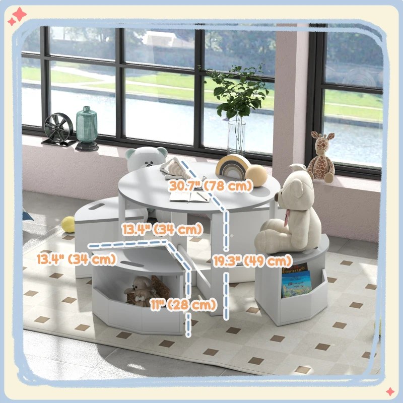 Qaba 5 Piece Kids Table and Chair Set with Storage for Kids Room, Grey