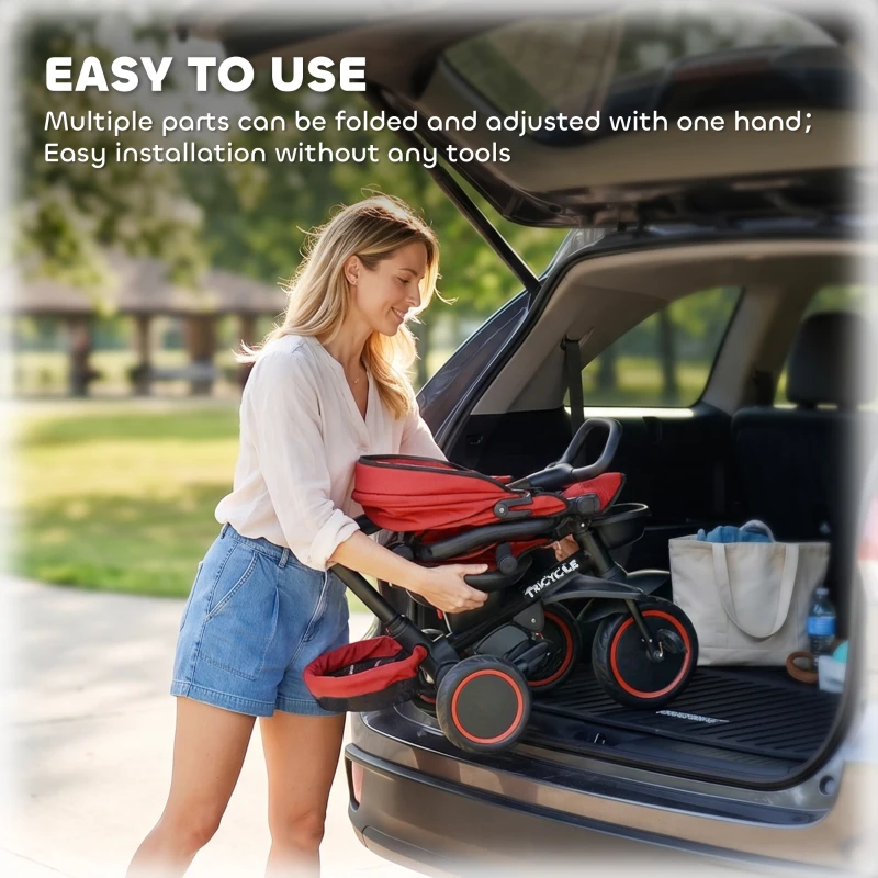Aosom Tricycle for Toddler 6-in-1 Kids Trike, Foldable Converts Stroller to Baby Push Bike, Adjustable Backrest with Detachable Guardrail & Handle, Brake for 1-4 Years Old, Red