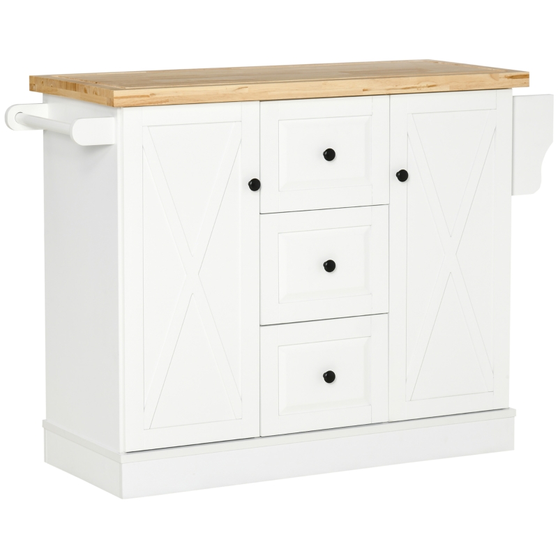 HOMCOM Rolling Kitchen Island with Storage, Kitchen Cart with Wood Top, 3 Drawers and 2 Barn Door Style Cabinet, Adjustable Shelves, Spice Rack, White