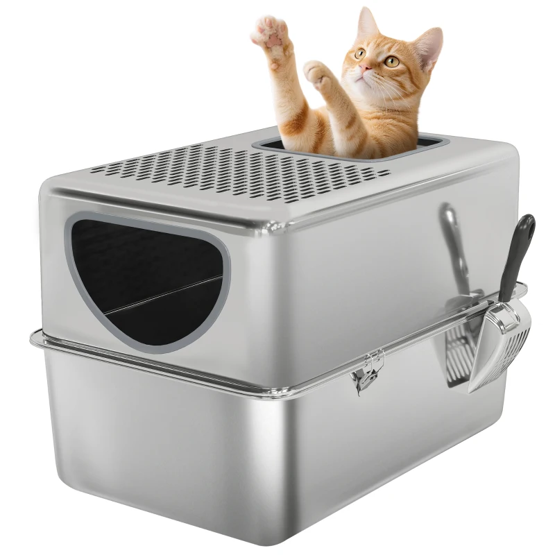 PawHut Stainless Steel Cat Litter Box with Lid, Extra Large Enclosed Litter Box with Top Litter-Catching Holes, Scoop, Silver