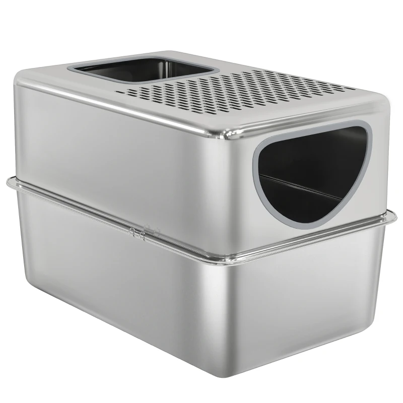 PawHut Stainless Steel Cat Litter Box with Lid, Extra Large Enclosed Litter Box with Top Litter-Catching Holes, Scoop, Silver