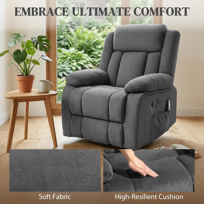 HOMCOM Recliner Massage Armchair with Heat, Oversized Swivel Rocker with Footrest, Remote and Side Pockets, Gray