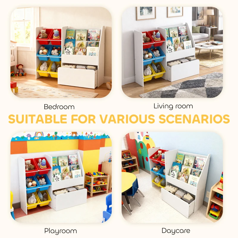 Qaba Kids Bookshelf and Toy Storage, 3-Tier Bookcase with 6 Removable Bins and Box for Toddler Nursery Playroom, Multi