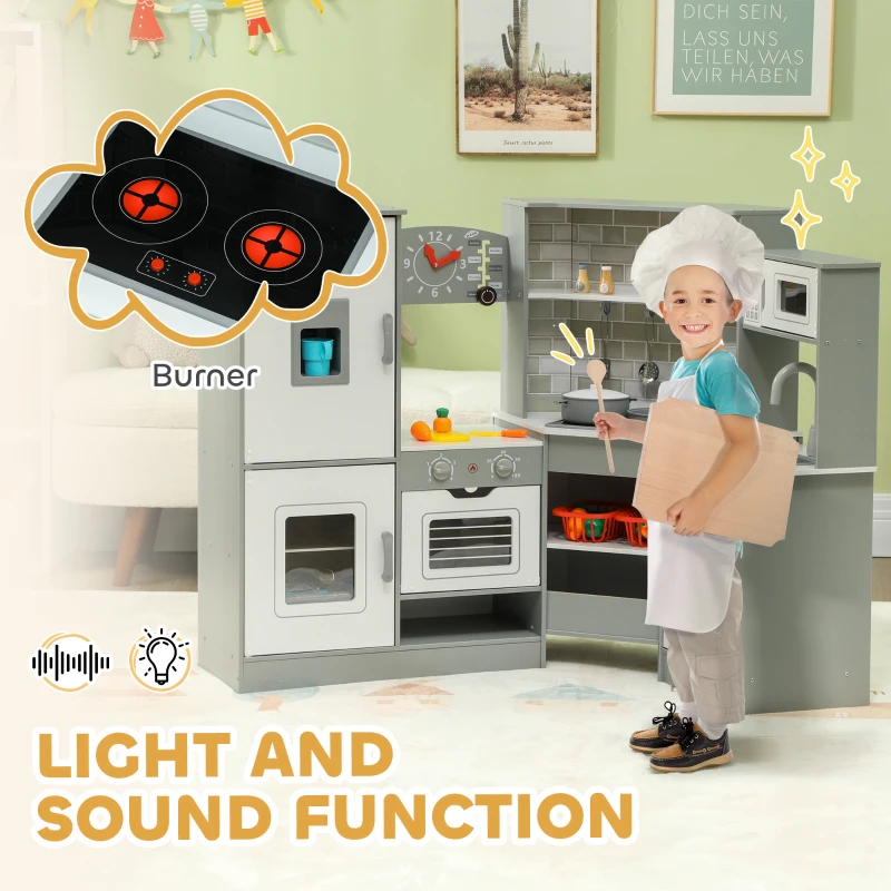 Qaba Corner Play Kitchen, Pretend Play Kitchen Set with Lights & Sounds, Stove Ice Maker Microwave Oven