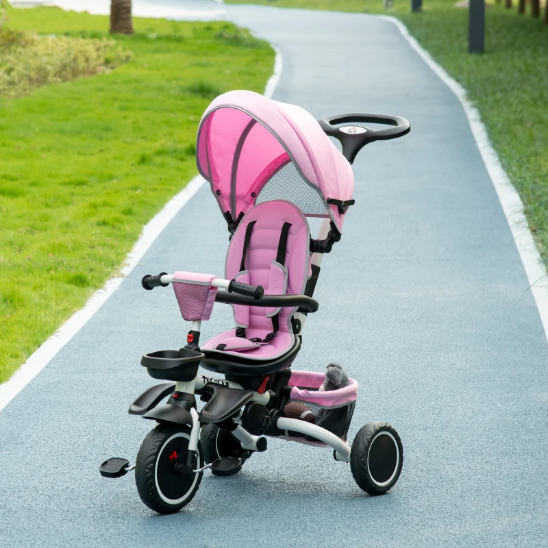 Aosom Tricycle for Toddler 6-in-1 Kids Trike, Foldable Converts Stroller to Baby Push Bike, Adjustable Backrest with Detachable Guardrail & Handle, Brake for 1-4 Years Old, Pink