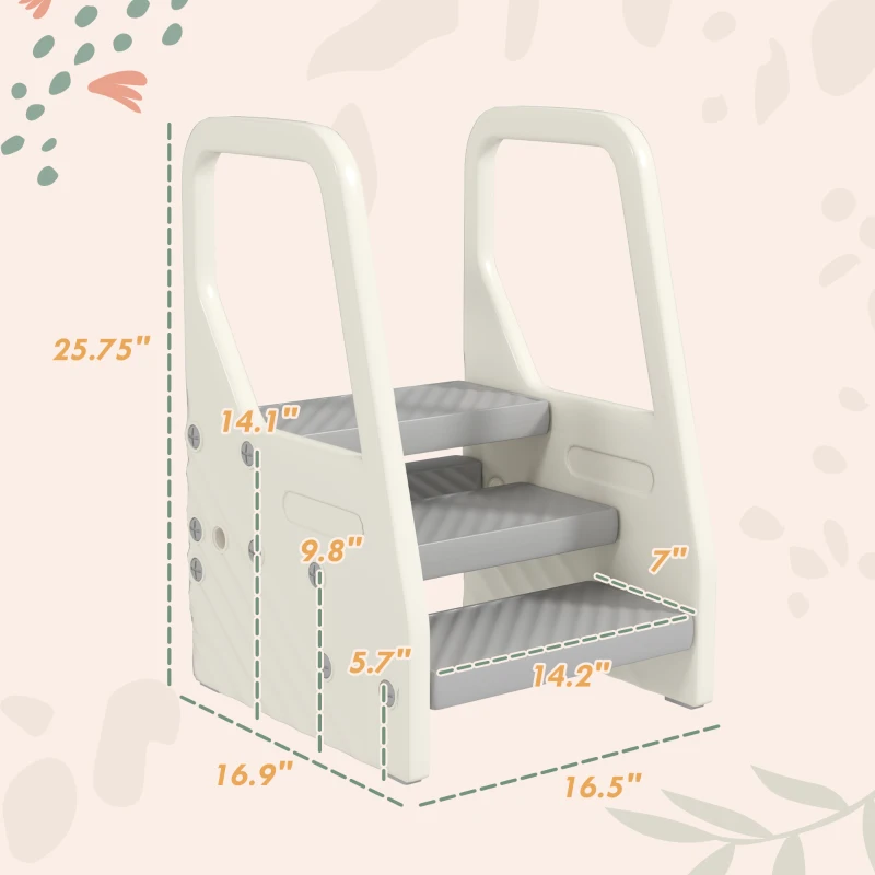 Qaba Adjustable 3 Step Toddler Tower with Handles, Non-slip Surface & Foot Pads, Gray