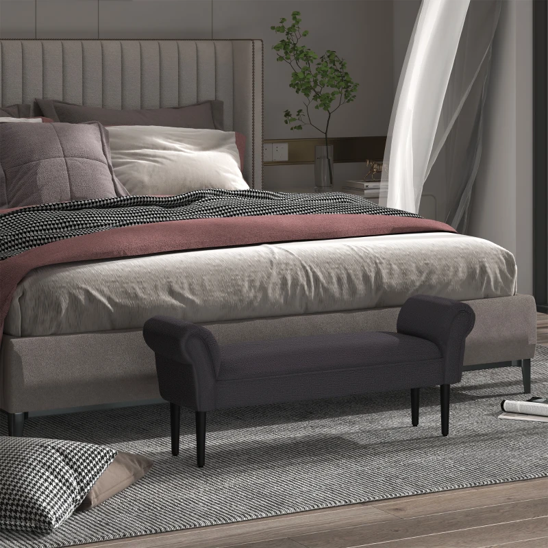 HOMCOM 52" End of Bed Bench, Linen Upholstered Ottoman Bench, Bedroom Entryway Bench With Armrests, Dark Gray