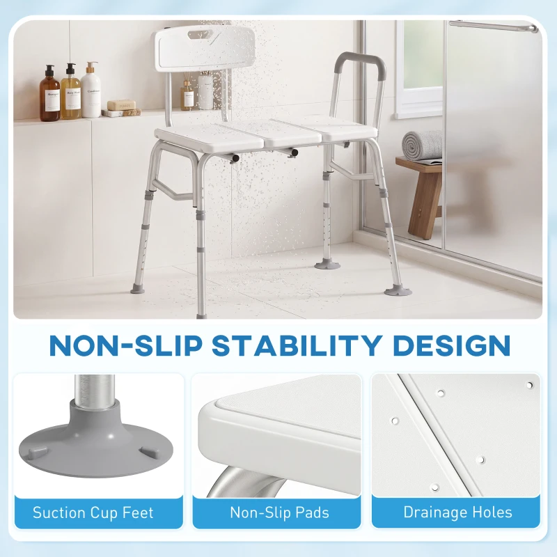 HOMCOM Tub Transfer Bench with Arm and Back, Shower Chair with Slip-Resistant Feet, for Elderly and Disabled, White
